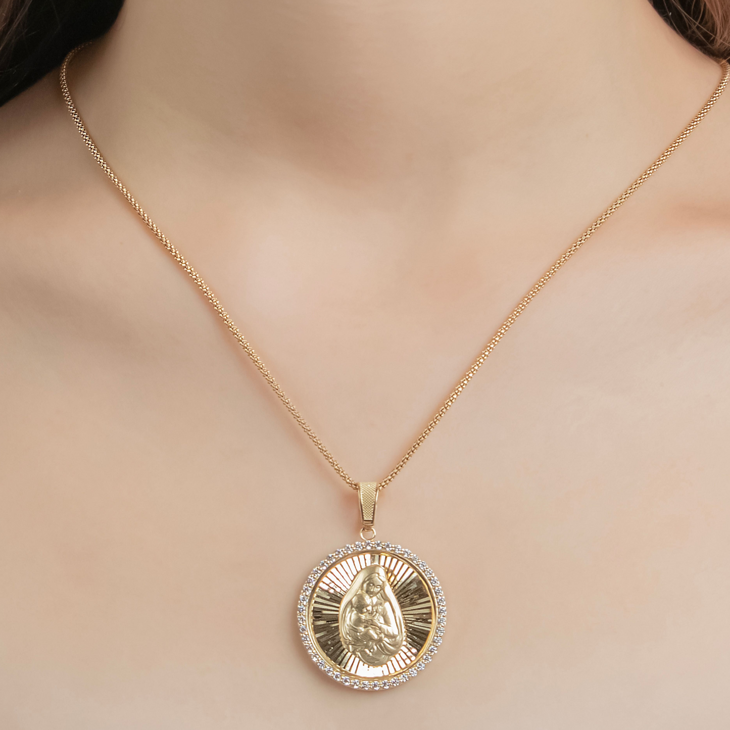 Large Virgin Mary & Baby Jesus Diamond Circle Pendant In 14K Solid Gold