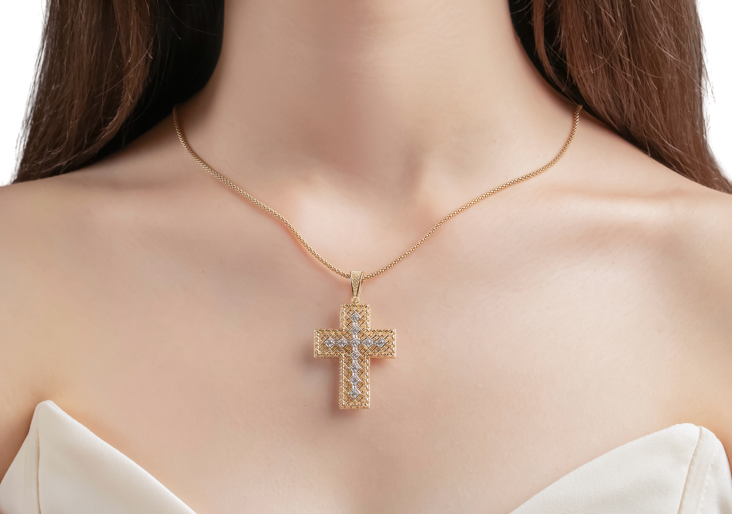 Boxed Diamond Cross In 14K Solid Gold