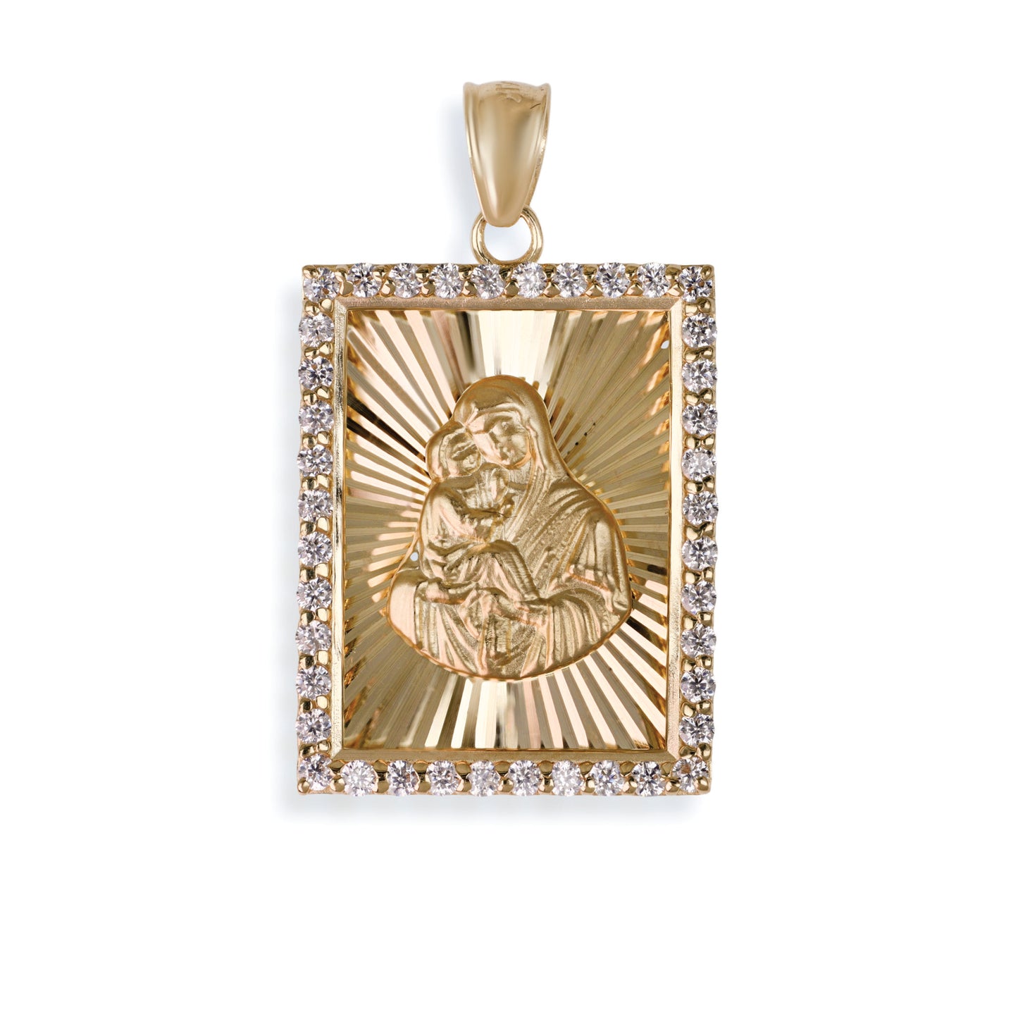 Virgin Mary & Baby Jesus Diamond Square Pendant In 14K Solid Gold