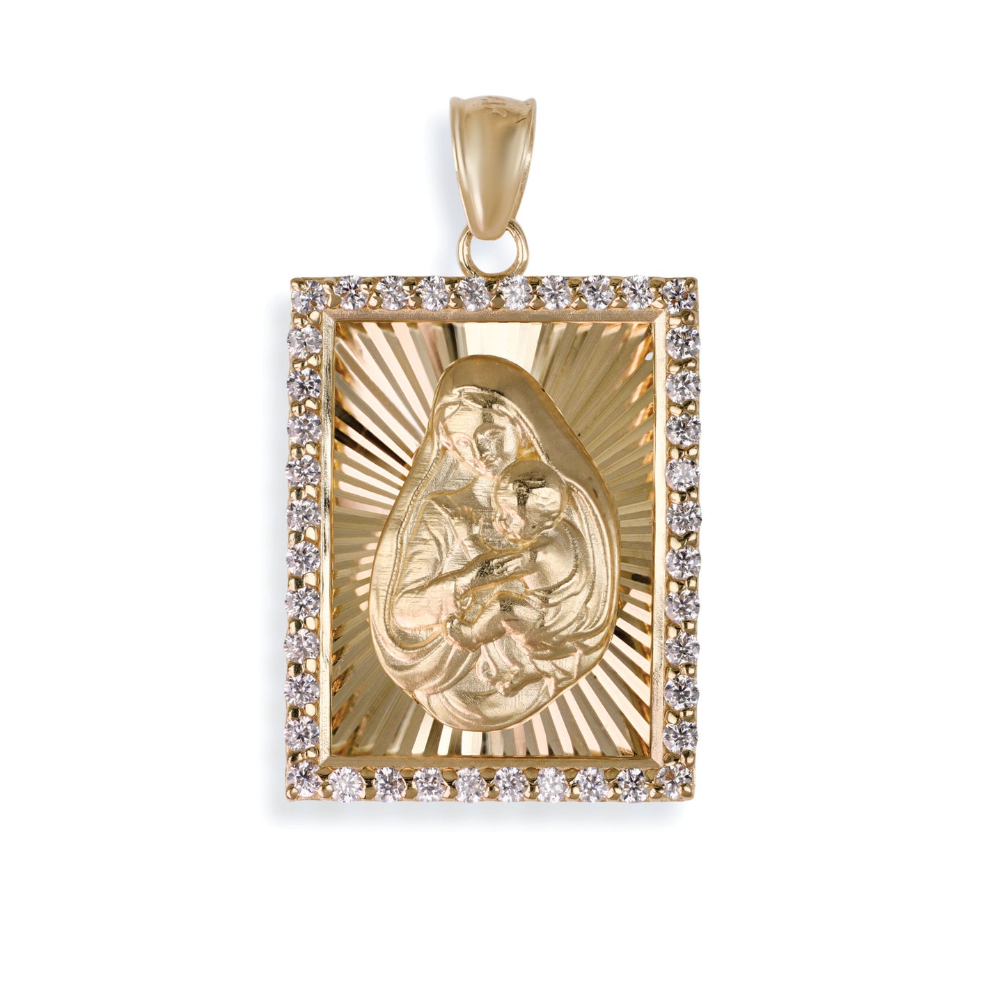 Virgin Mary & Baby Jesus Diamond Square Pendant In 14K Solid Gold