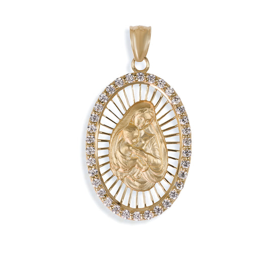 Virgin Mary & Baby Jesus Diamond Oval Pendant In 14K Solid Gold