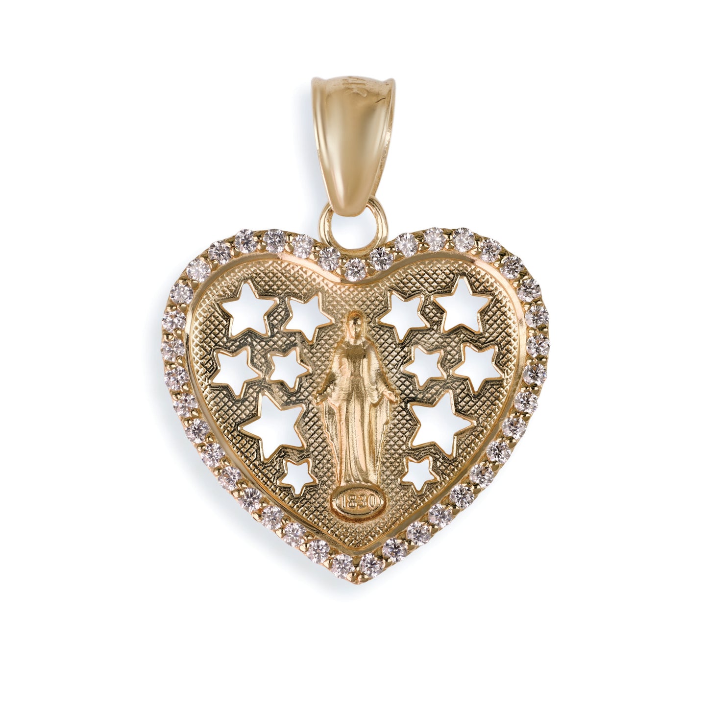 Miraculous Medal Diamond Heart Pendant In 14K Solid Gold