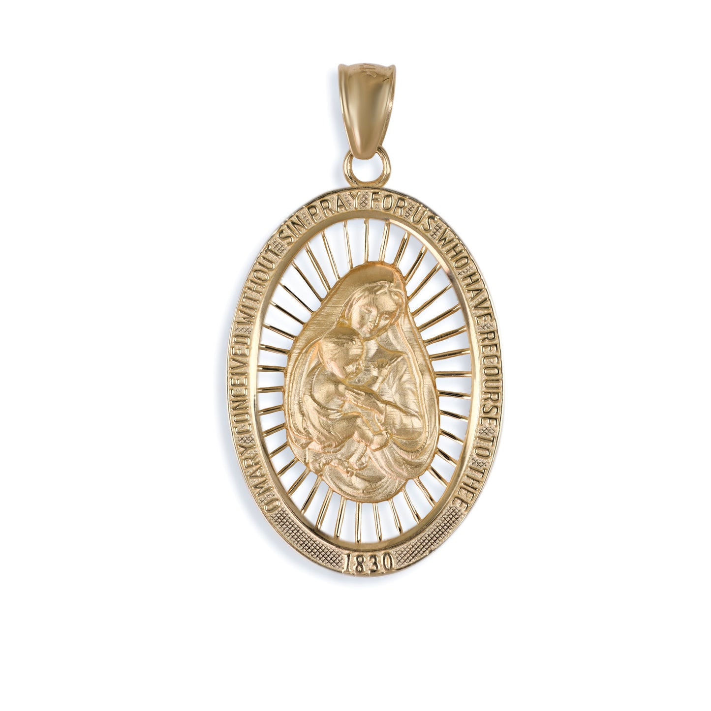 Virgin Mary & Baby Jesus Oval Pendant In 14K Solid Gold