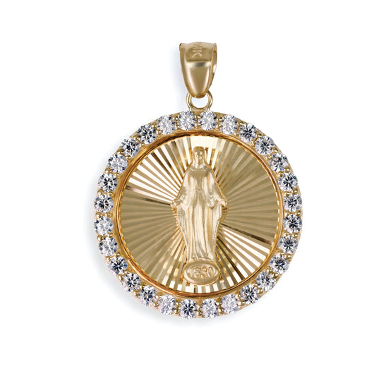 Miraclous Medal Diamond Circle Pendant In 14K Solid Gold