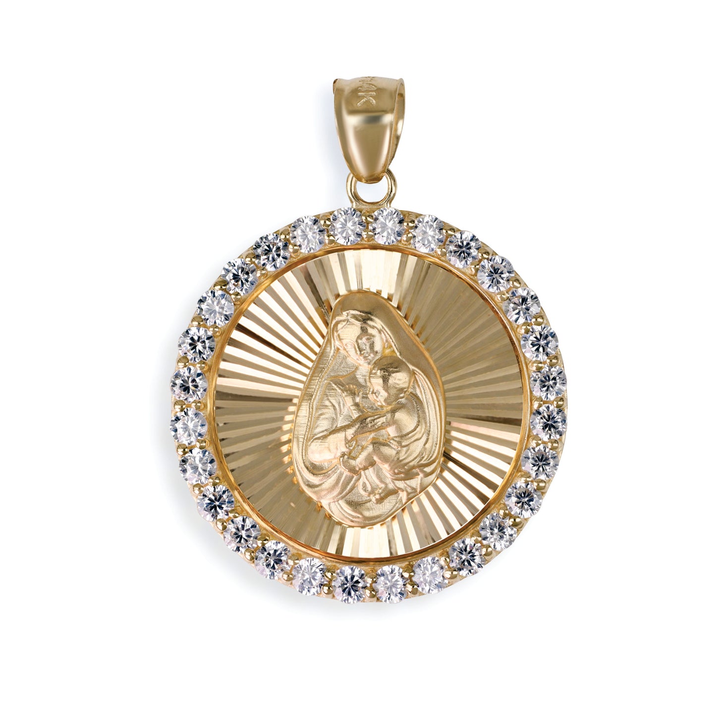 Virgin Mary & Baby Jesus Diamond Circle Pendant In 14K Solid Gold