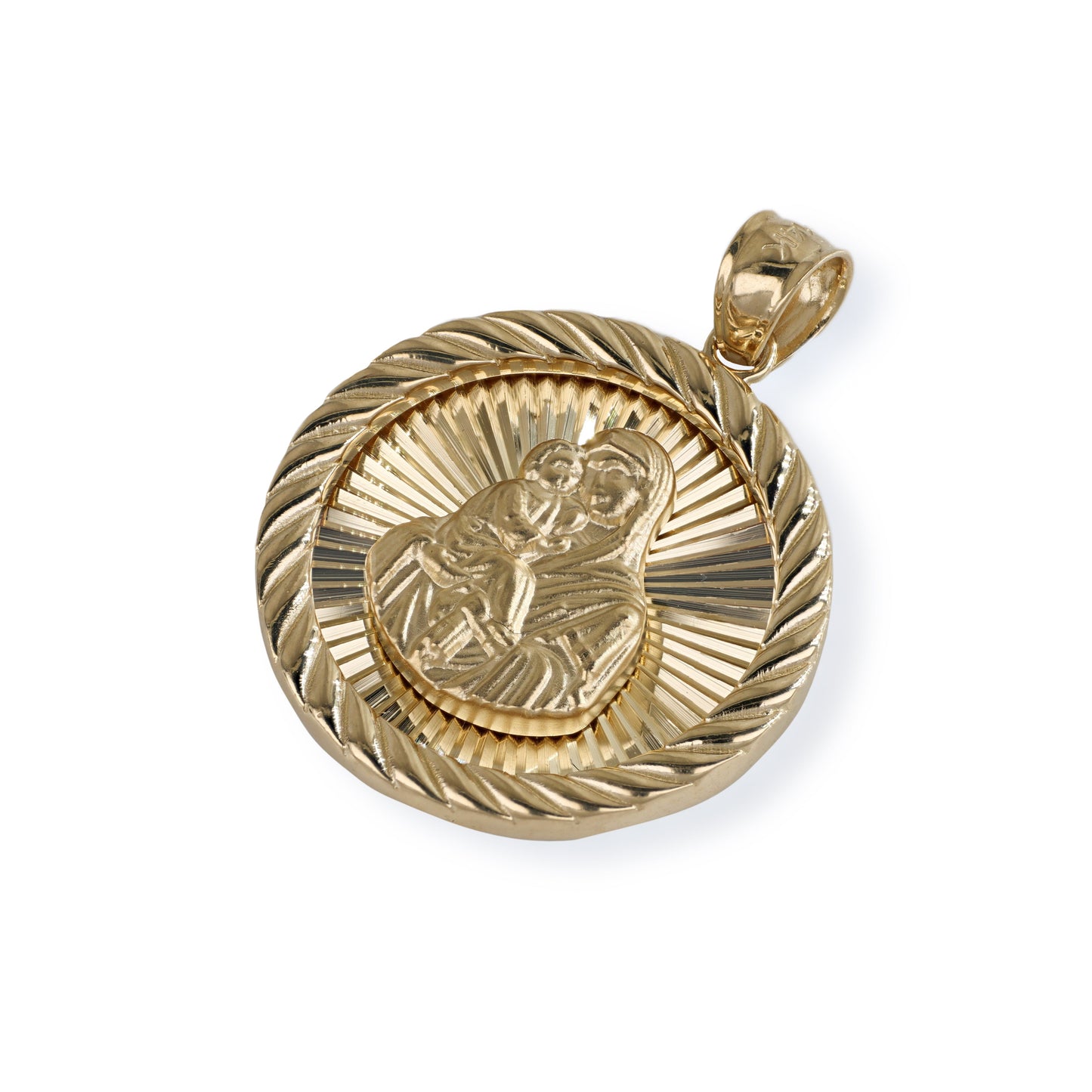 Virgin Mary & Baby Jesus Circle Pendant In 14K Solid Gold
