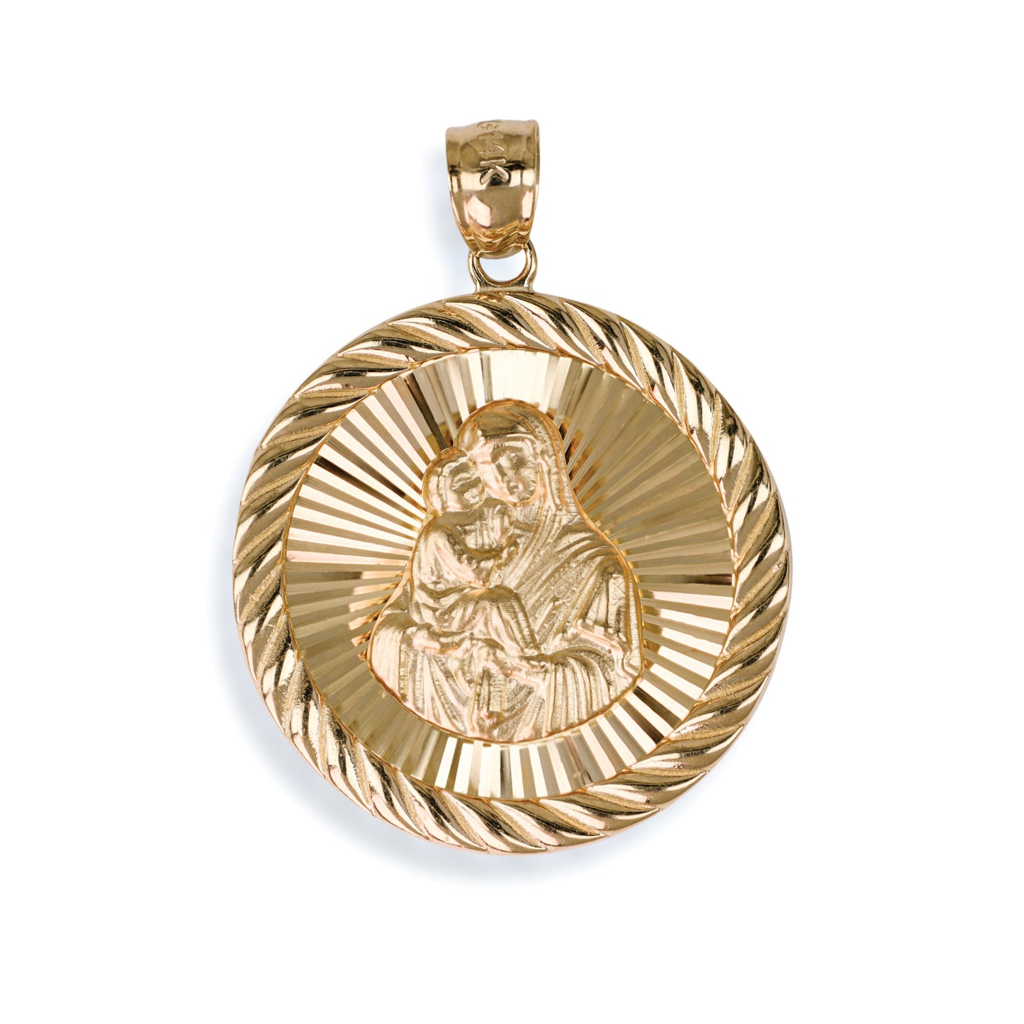 Virgin Mary & Baby Jesus Circle Pendant In 14K Solid Gold