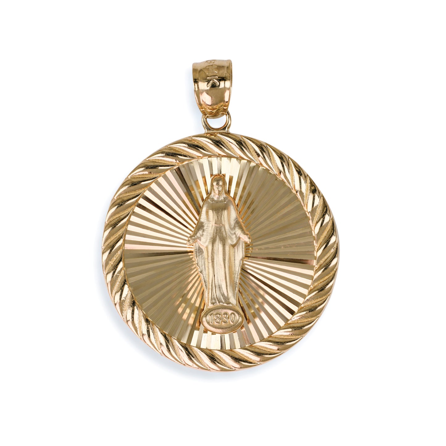 Miraclous Medal Circle Pendant In 14K Solid Gold