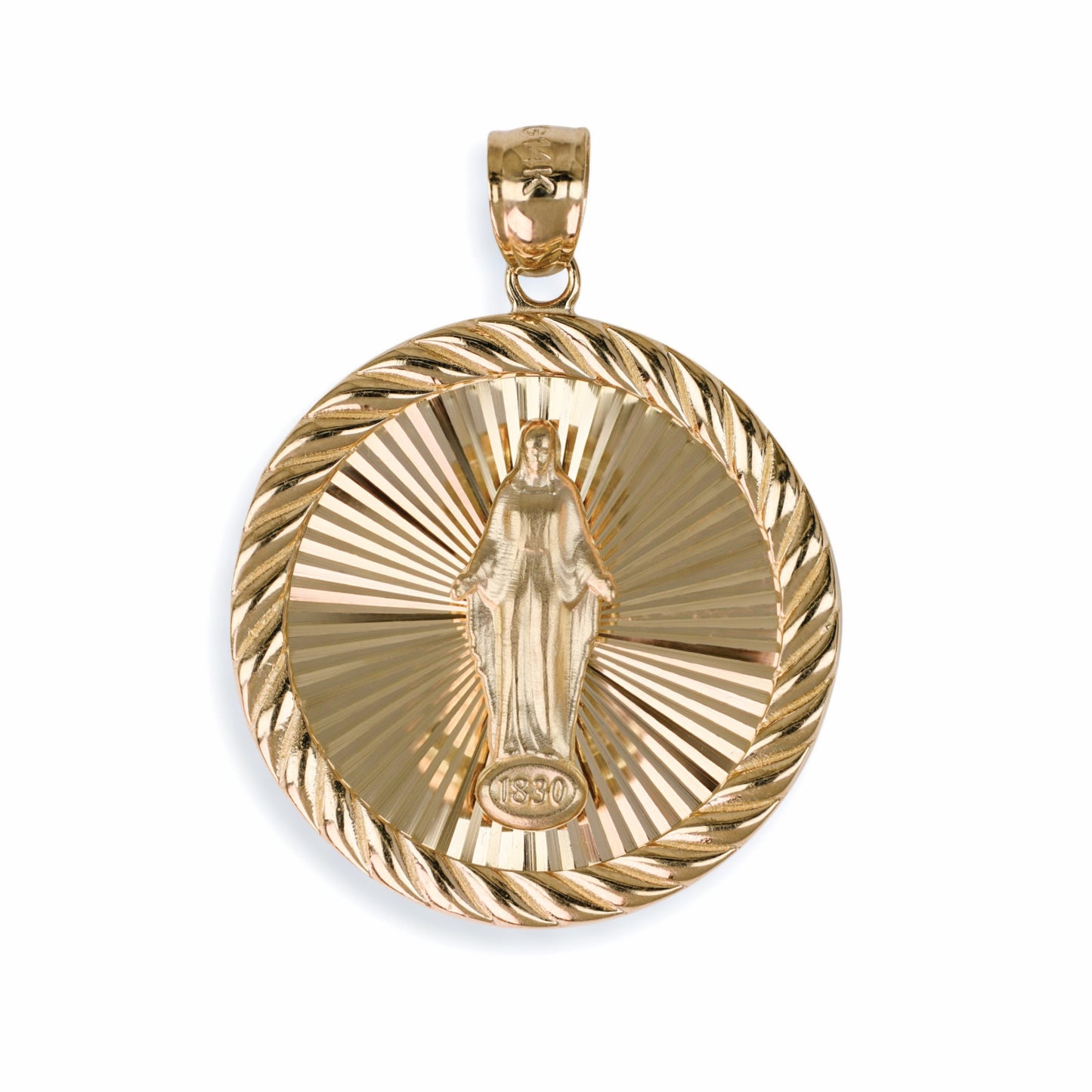 Miraclous Medal Circle Pendant In 14K Solid Gold