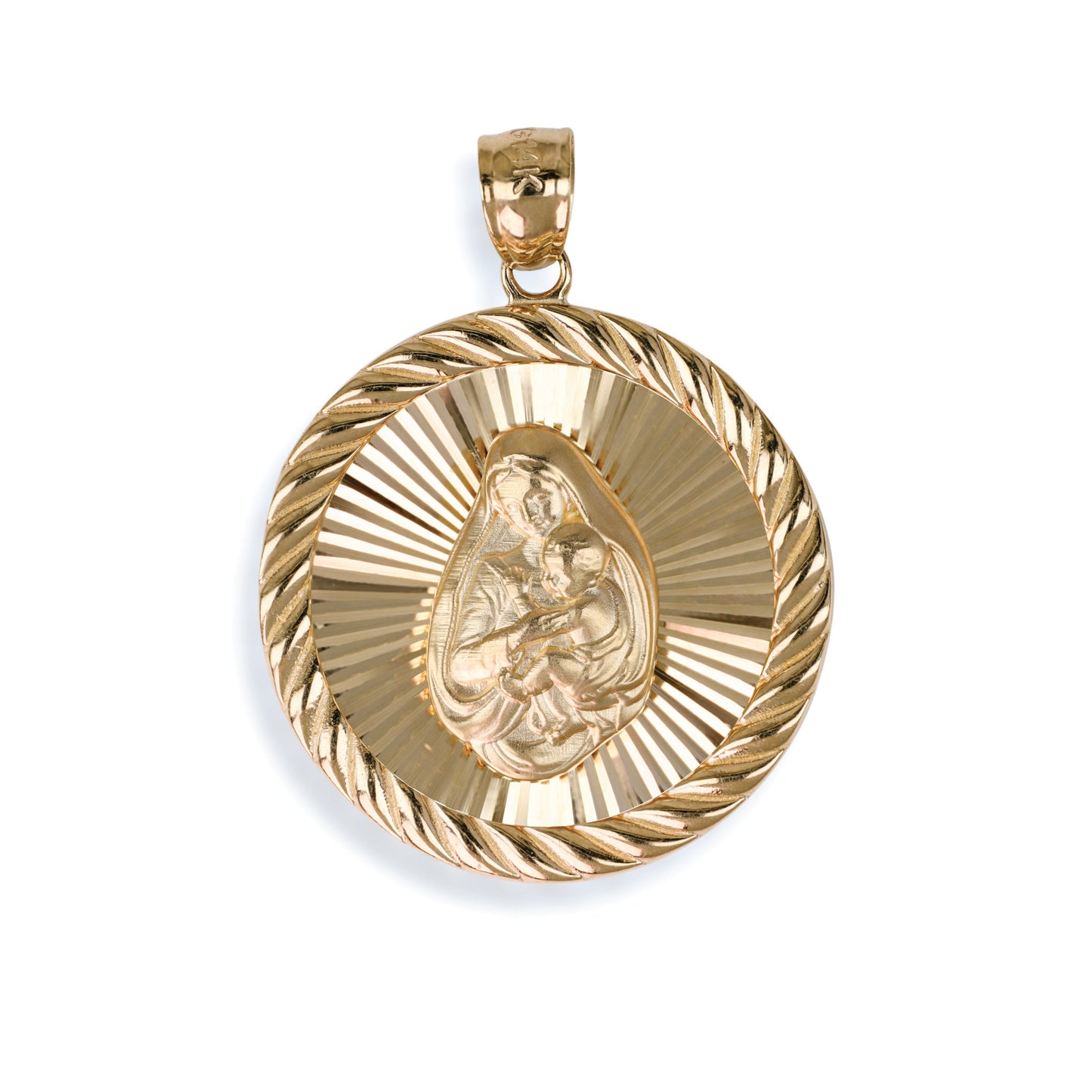 Virgin Mary & Baby Jesus Circle Pendant In 14K Solid Gold