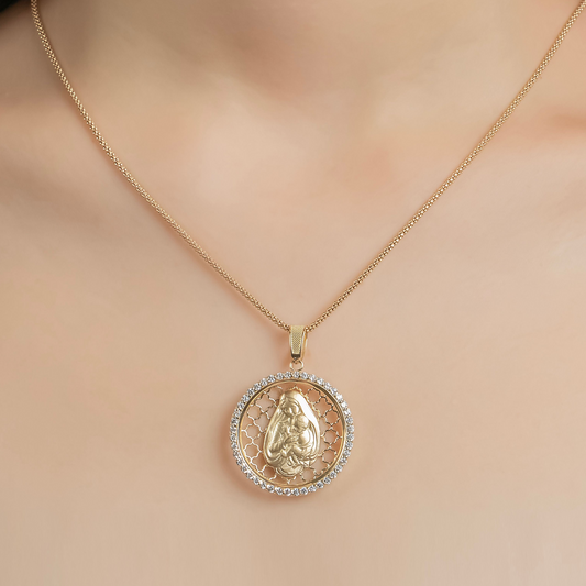 Diamond Virgin Mary & Baby Jesus Circle Pendant In 14K Solid Gold