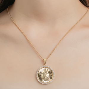 Large Virgin Mary & Baby Jesus Diamond Circle Pendant In 14K Solid Gold