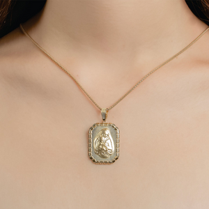 Virgin Mary & Baby Jesus Rectangle Pendant In 14K Solid Gold