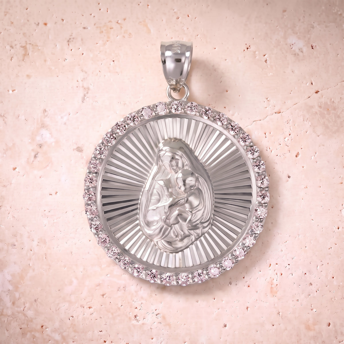 Virgin Mary & Baby Jesus Diamond Circle Pendant In 14K Solid Gold