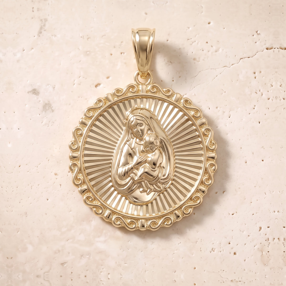 Victorian Virgin Mary & Baby Jesus Circle Pendant In 14K Solid Gold