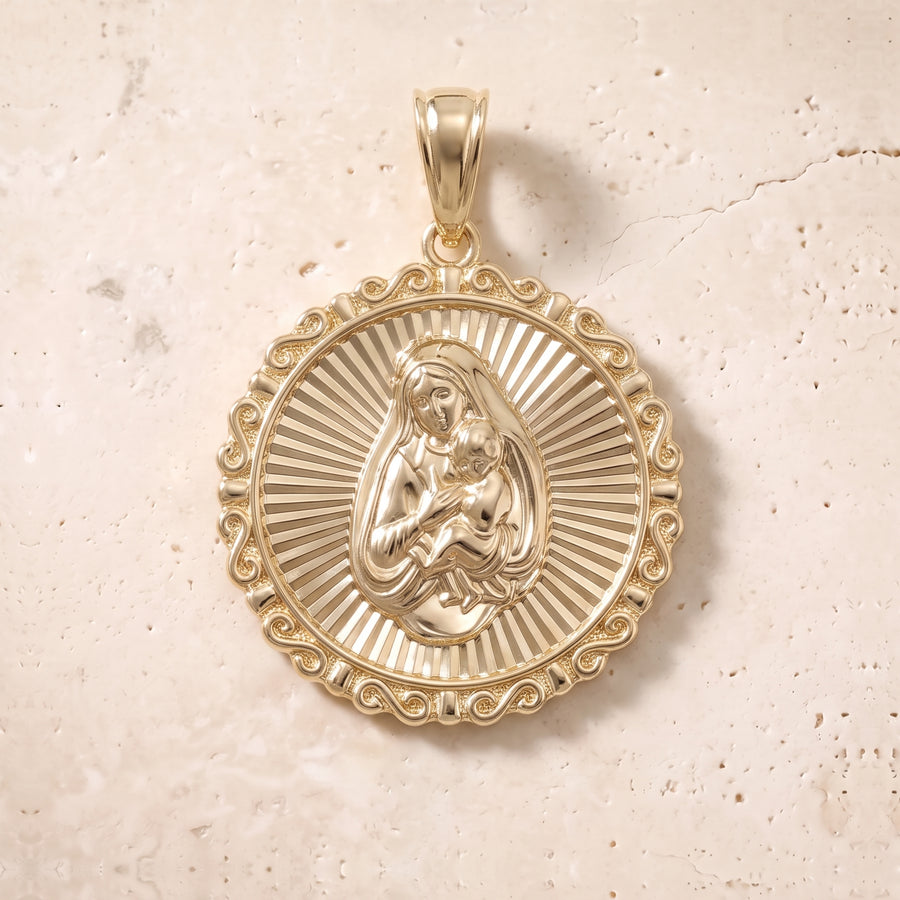 Victorian Virgin Mary & Baby Jesus Circle Pendant In 14K Solid Gold