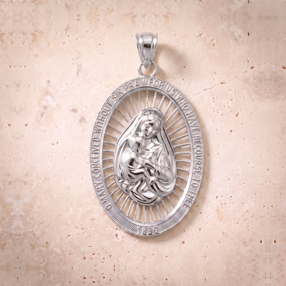 Virgin Mary & Baby Jesus Oval Pendant In 14K Solid Gold