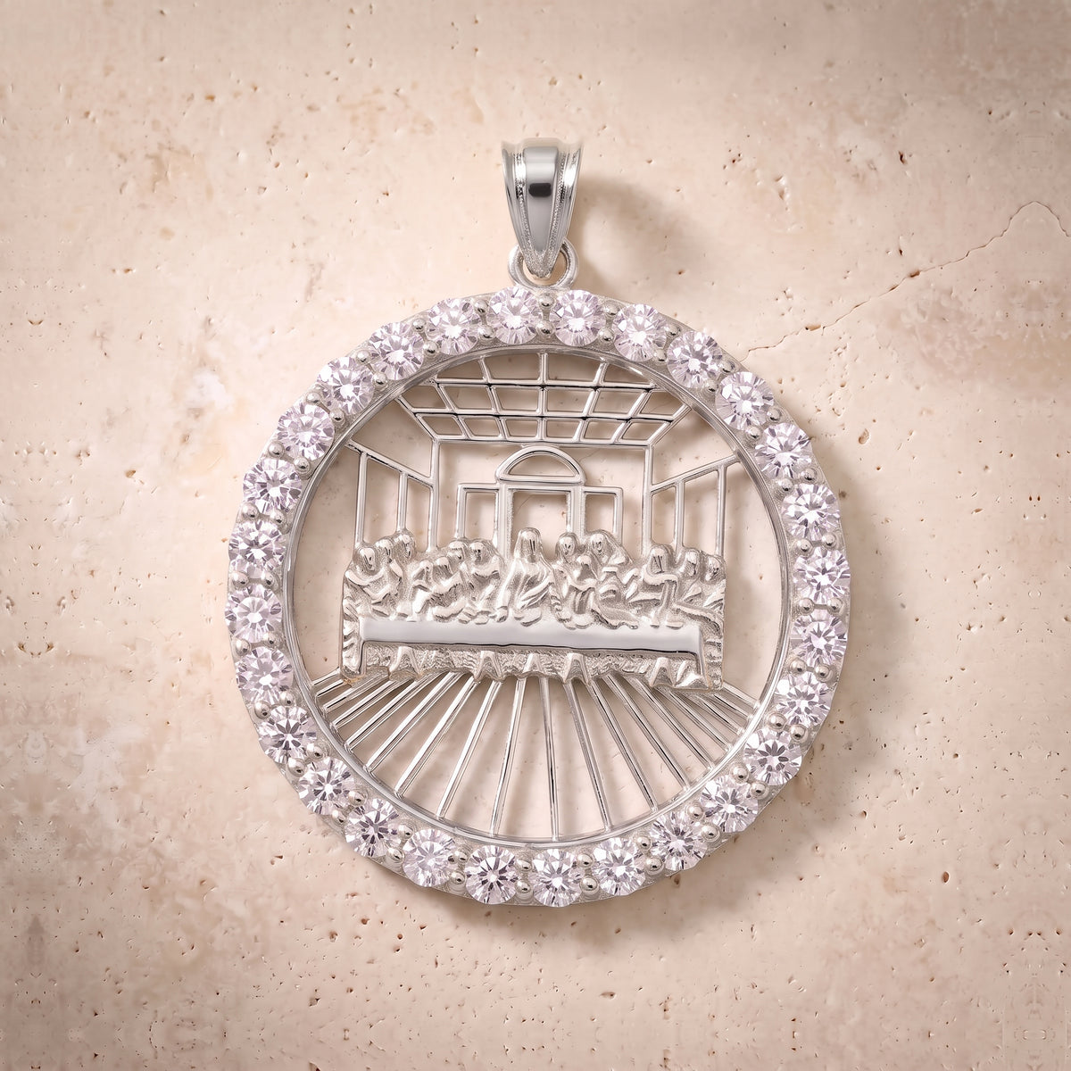 The Last Supper Circle Outline Diamond Pendant In 14K Solid Gold