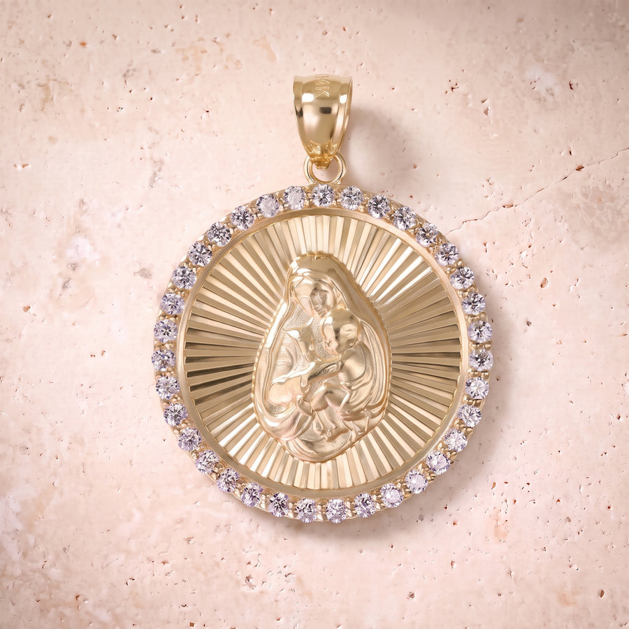 Virgin Mary & Baby Jesus Diamond Circle Pendant In 14K Solid Gold