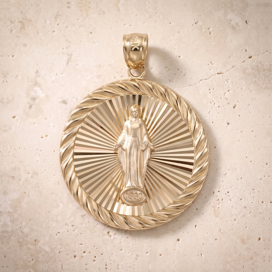 Miraclous Medal Circle Pendant In 14K Solid Gold