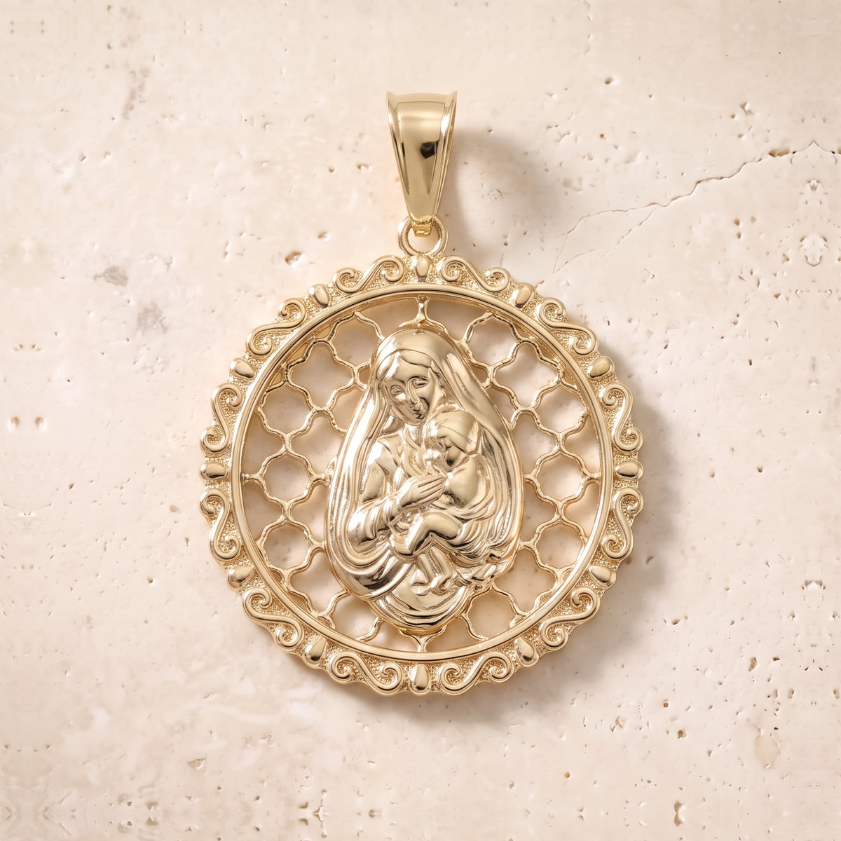 Victorian Virgin Mary & Baby Jesus Circle Pendant In 14K Solid Gold