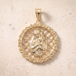 Victorian Virgin Mary & Baby Jesus Circle Pendant In 14K Solid Gold