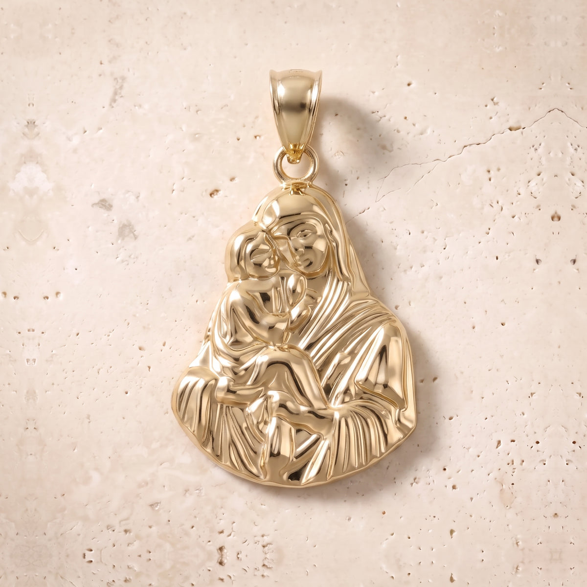 Virgin Mary & Baby Jesus Solo Pendant In 14K Solid Gold