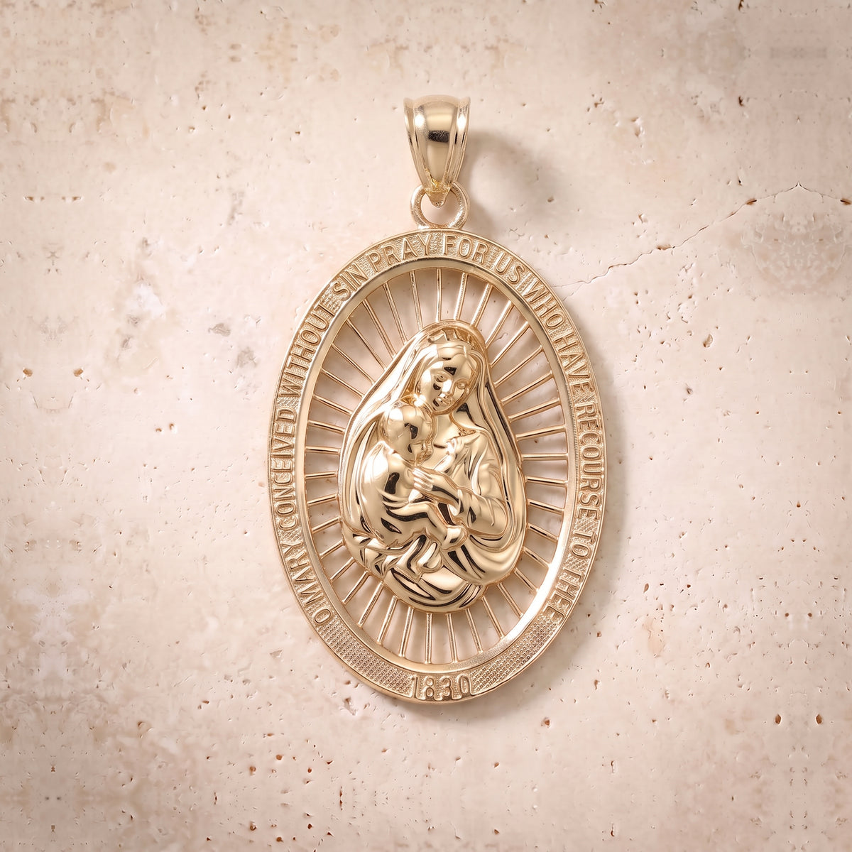 Virgin Mary & Baby Jesus Oval Pendant In 14K Solid Gold