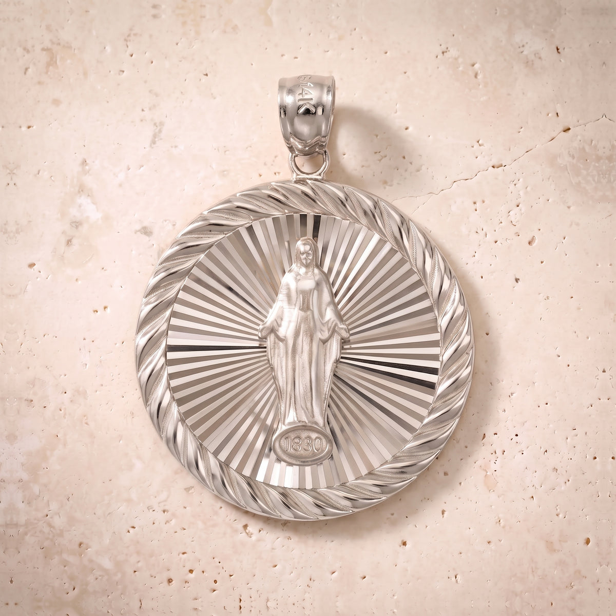 Miraclous Medal Circle Pendant In 14K Solid Gold
