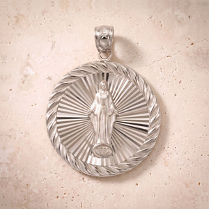 Miraclous Medal Circle Pendant In 14K Solid Gold