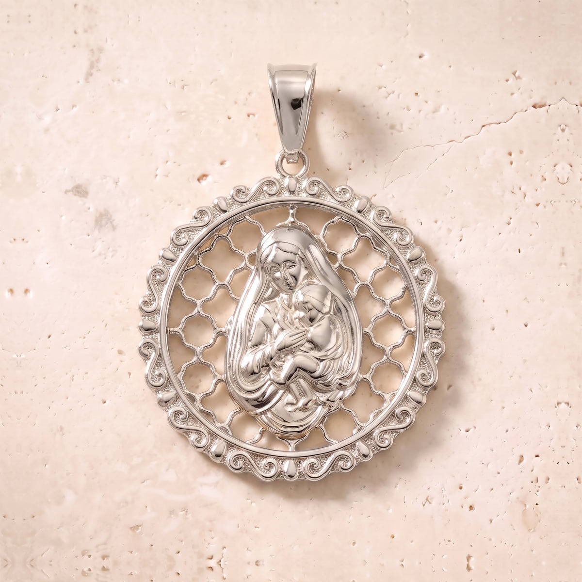 Victorian Virgin Mary & Baby Jesus Circle Pendant In 14K Solid Gold