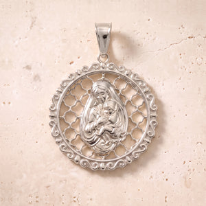 Victorian Virgin Mary & Baby Jesus Circle Pendant In 14K Solid Gold