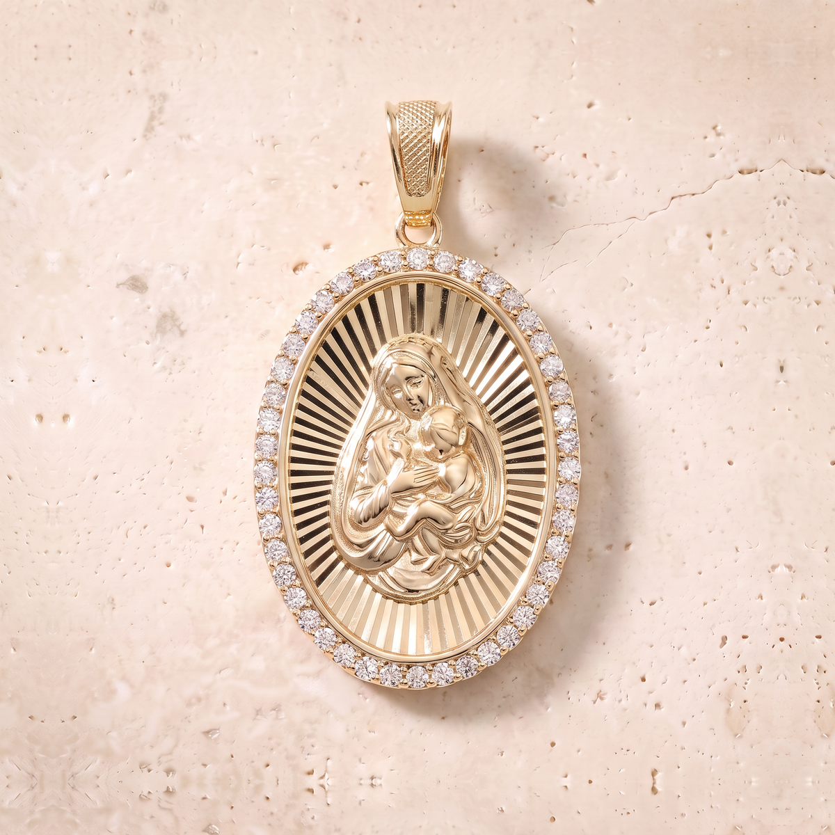 Virgin Mary & Baby Jesus Diamond Oval Pendant In 14K Solid Gold