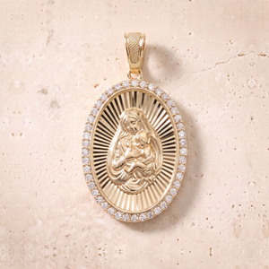 Virgin Mary & Baby Jesus Diamond Oval Pendant In 14K Solid Gold