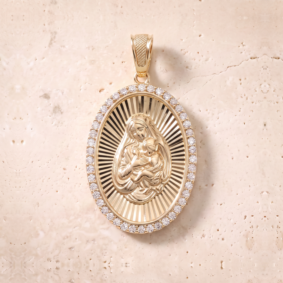 Virgin Mary & Baby Jesus Diamond Oval Pendant In 14K Solid Gold