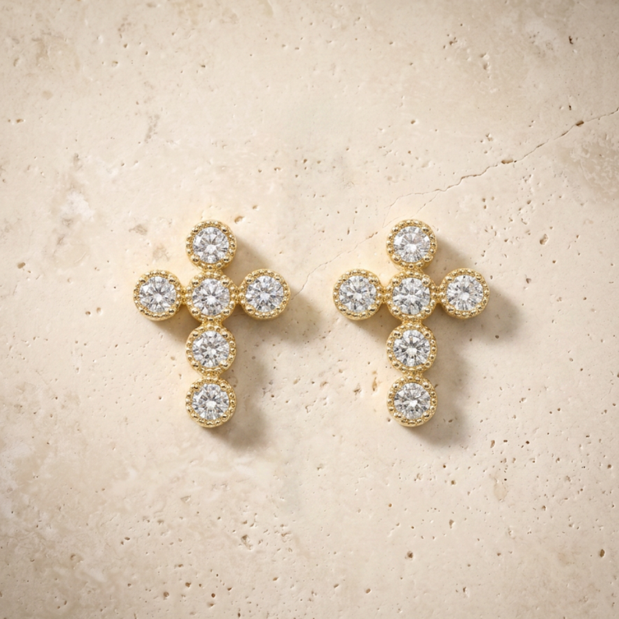 Diamond Cross Earrings In 14K Solid Gold