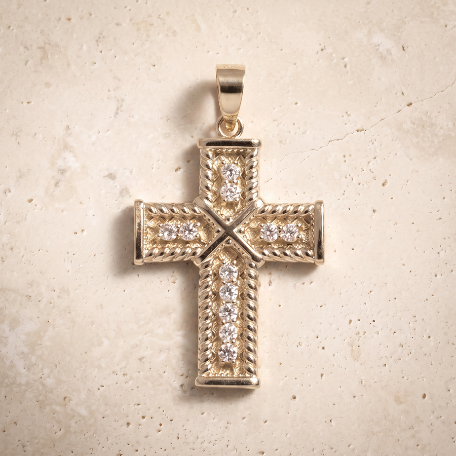 Diamond Cable Cross In 14K Solid Gold
