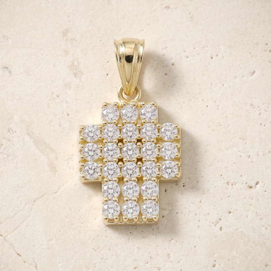 24 Stone Diamond Cross In 14K Solid Gold