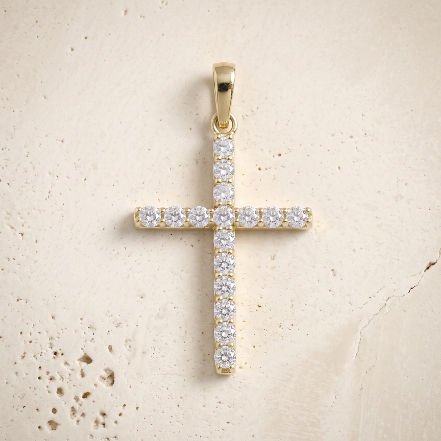 16 Stone Diamond Cross In 14K Solid Gold