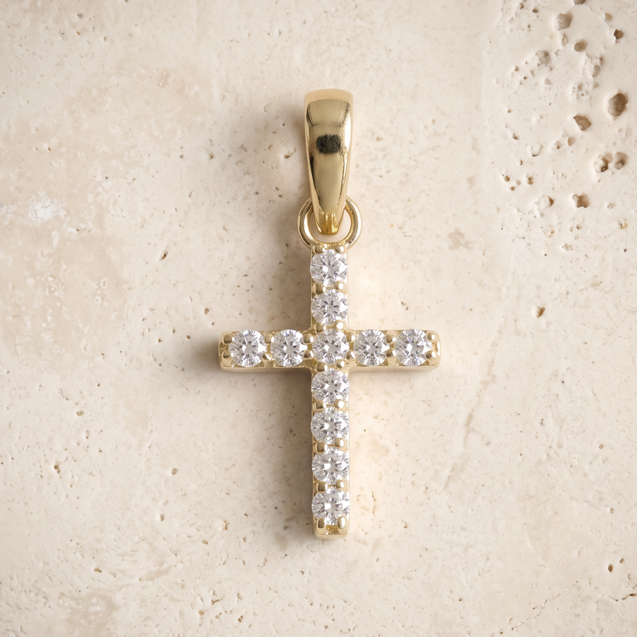 11 Stone Diamond Cross In 14K Solid Gold
