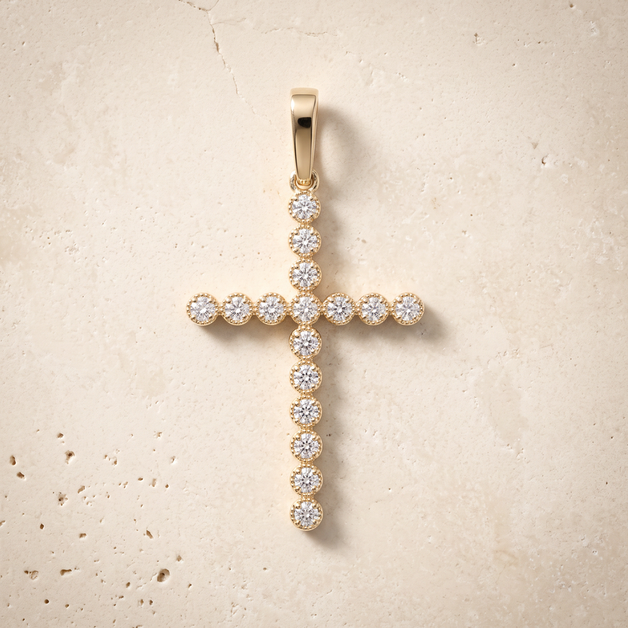 11 Stone Diamond Cross In 14K Solid Gold