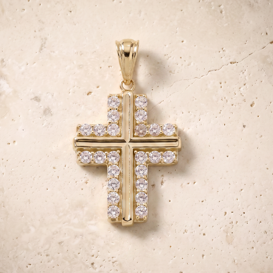 24 Stone Diamond Cross In 14K Solid Gold