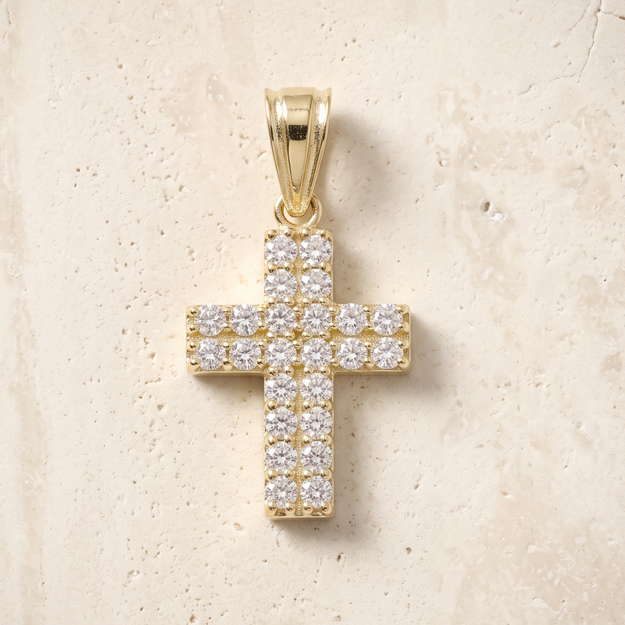 24 Stone Diamond Cross In 14K Solid Gold