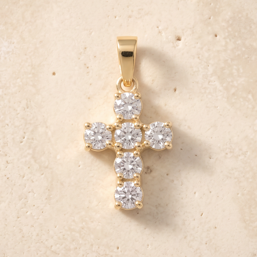 6 Stone Diamond Cross In 14K Solid Gold