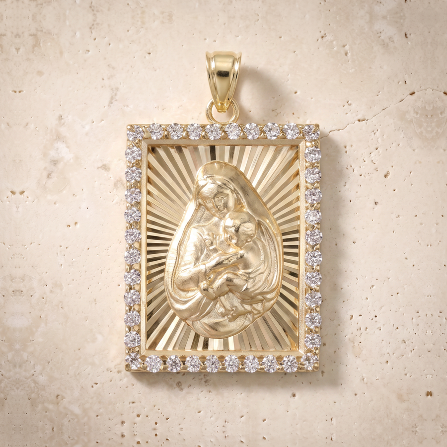 Virgin Mary & Baby Jesus Diamond Square Pendant In 14K Solid Gold