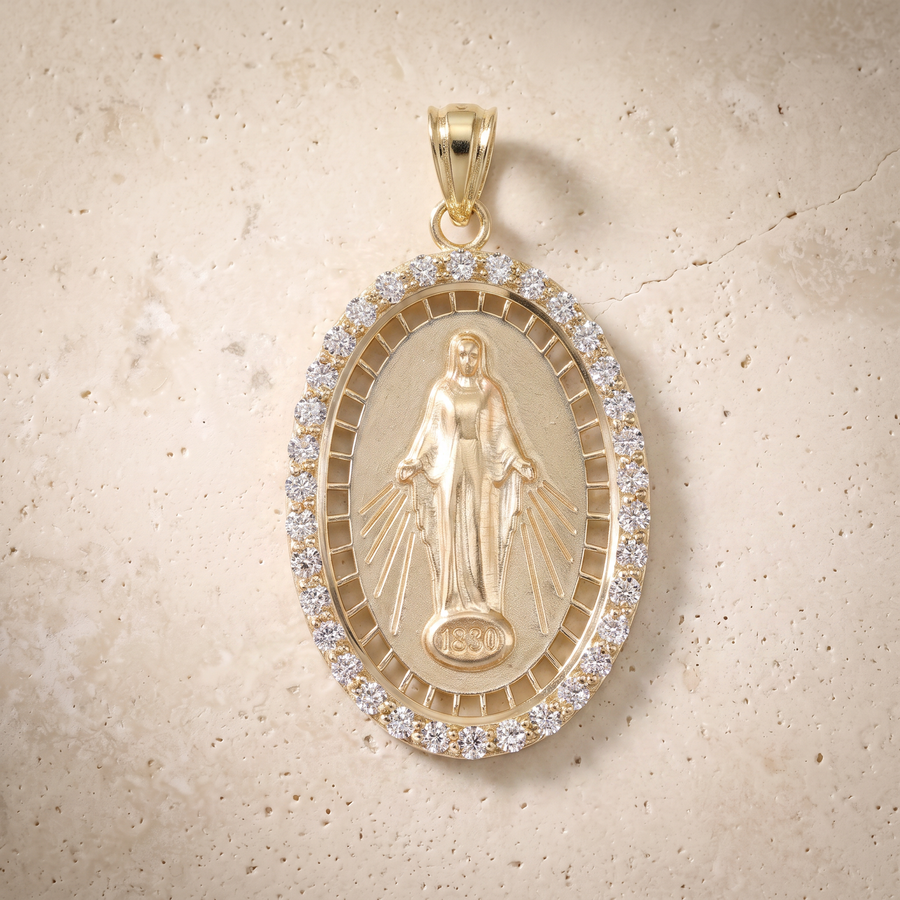 Miraculous Medal Diamond Oval Pendant In 14K Solid Gold