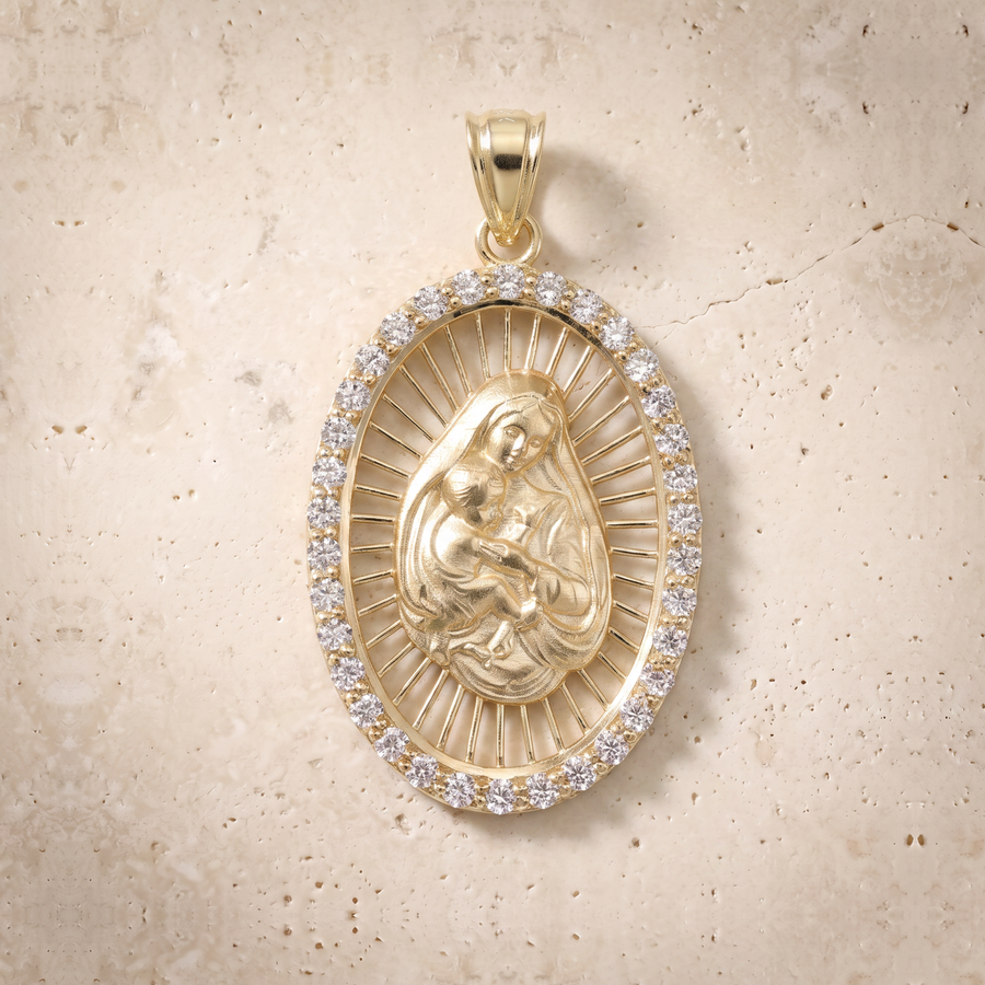 Virgin Mary & Baby Jesus Diamond Oval Pendant In 14K Solid Gold