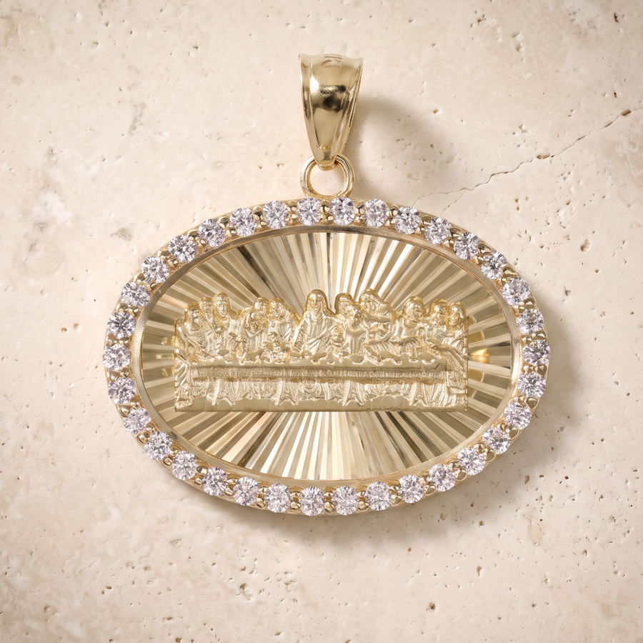 The Last Supper Diamond Sideways Oval Pendant In 14K Solid Gold