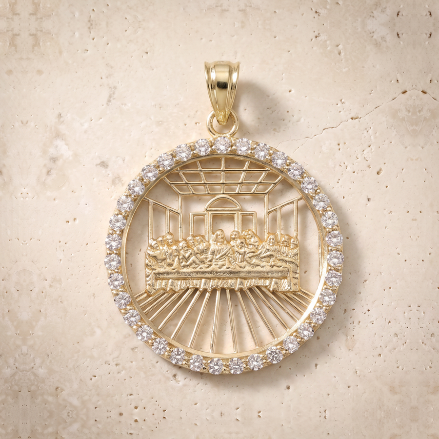 The Last Supper Outline Circle Diamond Pendant In 14K Solid Gold