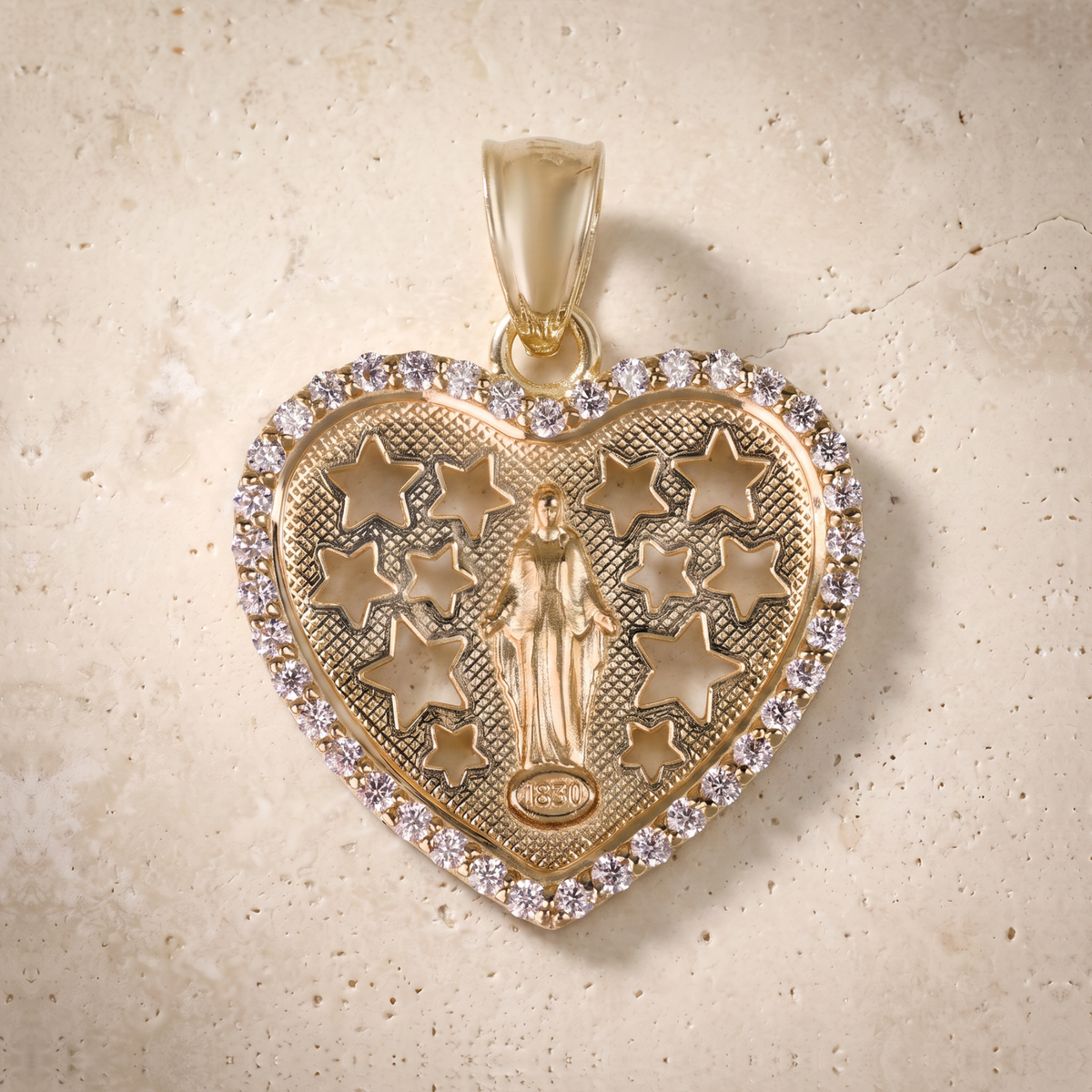 Miraculous Medal Diamond Heart Pendant In 14K Solid Gold